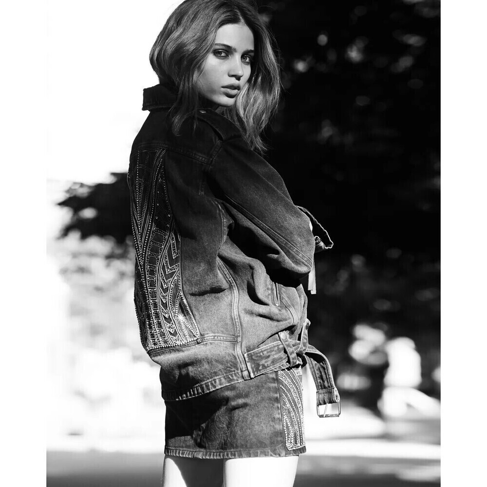 The Kooples Jeans Beaded Denim Moto Jacket In Distress Black Size 2 Medium $560